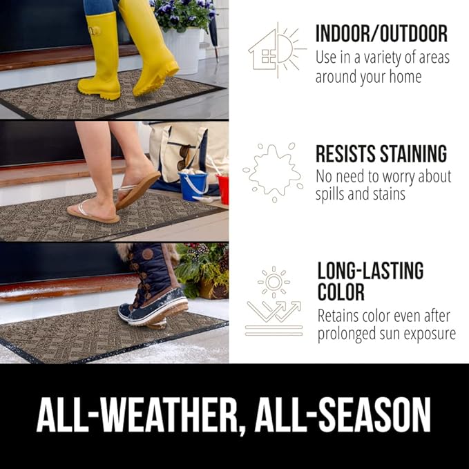 GORILLA GRIP 100% Waterproof All-Season WeatherMax Doormat 35x23, US Designed Natural Rubber, Stain and Fade Resistant, Low Profile Indoor Outdoor Door Mats, Easy Clean Patio Mat, Taupe Basket Weave