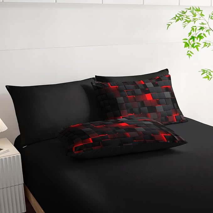 7pc Black & Red Comforter Set Queen - 3D Cube Bed in a Bag, Geometric Pattern, Soft Microfiber Bedding, All Season