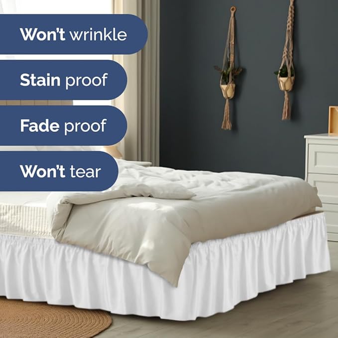 Wrap Around Dust Ruffle Bed Skirt - White - for Full Size Beds with 24 Inch Drop - Easy Fit Elastic Strap - Adjustable Pleated Bedskirt w/Brushed Fabric - Wrinkle Free - for Women, Men, Kids & Teens