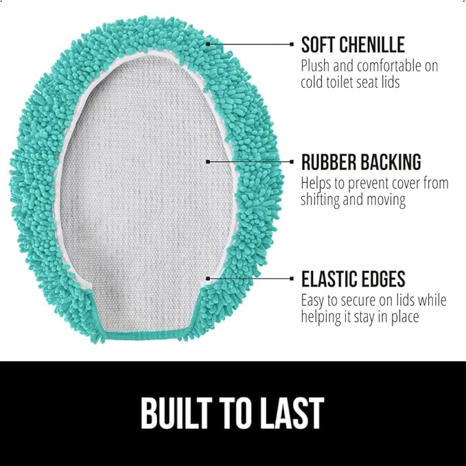 GORILLA GRIP Soft Chenille Bathroom Toilet Lid Cover, Machine Washable Seat Covers, 19.5x18.5, Stays in Place Rubber Backing, Fits Most Round, Elongated and Oblong Lids, Accessories Decor, Turquoise