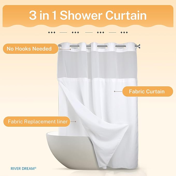 River Dream Heavyweight No Hooks Required Dotted Waffle Weave Shower Curtain with Snap in Liner - 60W x 74L, Hotel Grade, Spa Like Bath Curtain, White