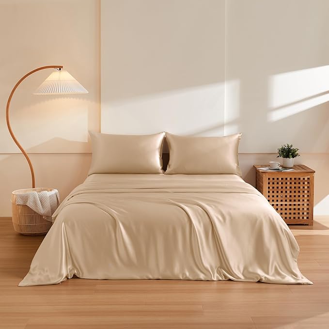 THXSILK 100% Pure Mulberry Silk Duvet Cover Set 3 Piece, 6A+ Grade Luxury Soft Bedding Silk Sheets for Hair and Skin, 1 Pcs Quilt/Comforter Cover with 2 Zippered Pillowcases (Champagne, Queen)