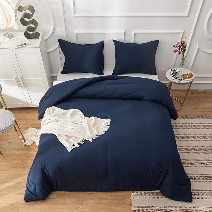 Cottonight Navy Blue Comforter Set Twin Men Boys Navy Bedding Set Dark Blue Comforter Set Breathable Soft Quilts Blanket Dark Color Modern Solid Color Pure Blue Bedding Sets for Twin Bed