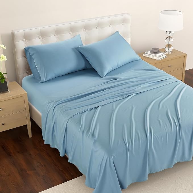 Reebok Queen Sheet Set from Tencel Eucalyptus - Soft, Cooling & Breathable for Hot Sleepers, Deep Pocket Up to 17 Inches, 4Pc Hotel Luxury Bedding Set, Bedsheet & Pillowcases (Niagara Mist, Queen)