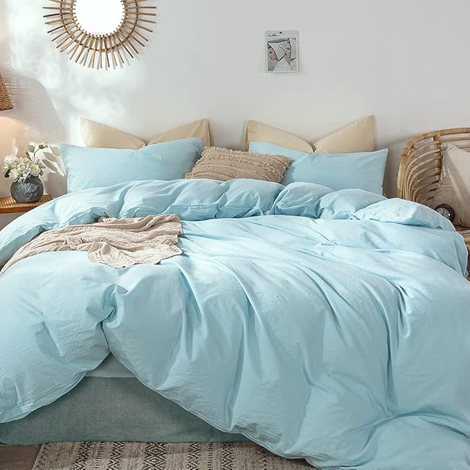 MooMee Bedding Duvet Cover Set 100% Washed Cotton Linen Like Textured Breathable Durable Soft Comfy (Heathered Light Blue, Full 80"x90")