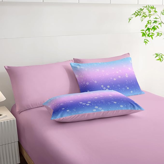 7 Piece Bed in a Bag Twin Size Comforter, Blue Purple Snowflake Quilt Set, Soft Pink Sheets, All Season Bedding Set, Microfiber