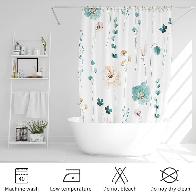 Gibelle Watercolor Floral Shower Curtain, Teal Beige Flower Shower Curtain for Bathroom, Modern Minimalist White Waterproof Fabric Shower Curtain Set with Hooks 72x72 Inch
