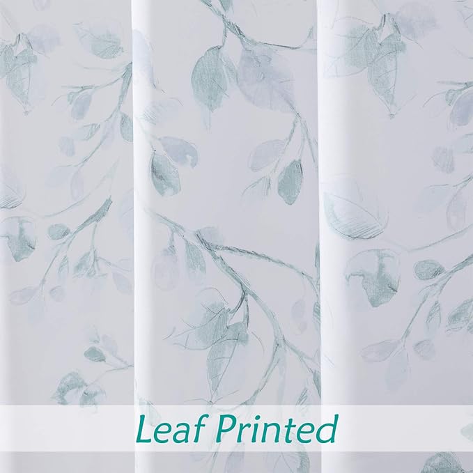 Central Park Teal Blue Leaf Shower Curtain Water Resistant Decorative Sweeping Floral Print Canvas Bathroom Spa Hotel Shower Curtain with Buttonholes (White, 70"x72")