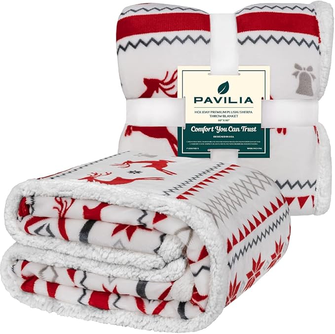 PAVILIA Premium Christmas Sherpa Throw Blanket | Christmas Decoration Gift, Fleece, Plush, Warm, Cozy Reversible Microfiber Holiday Blanket | White Reindeer - 60x80 Twin