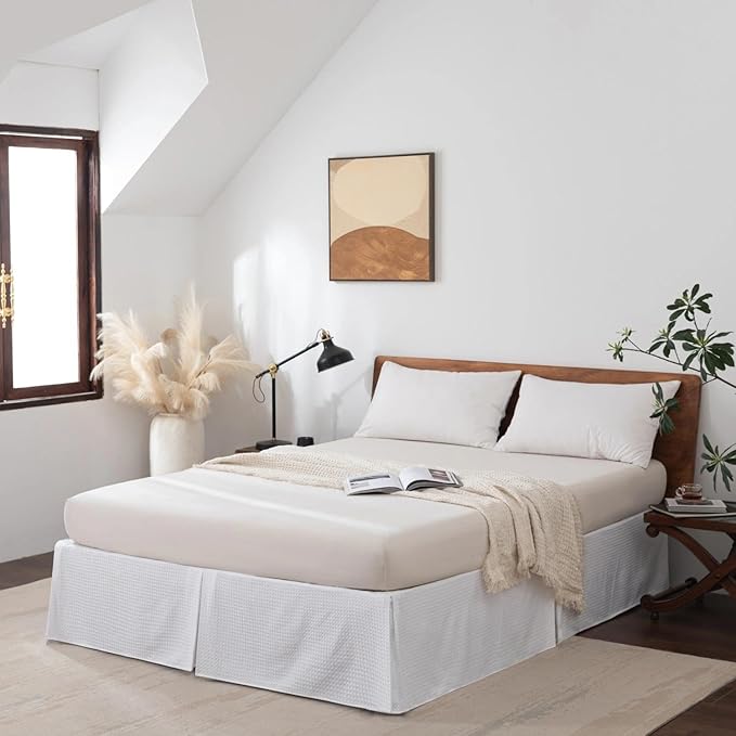 Twin Bed Skirt, Wrap Around Bed Skirt with Pleated Corner, 12 Inch Drop Pleated Waffle Weave Bedskirts, Anti-Slip, Microfiber, White, 12'' Twin
