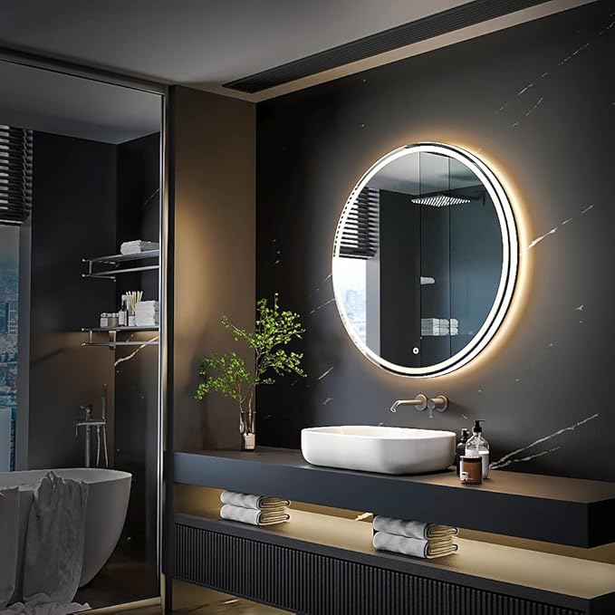 KWW 32 Inch Large Modern LED Round Bathroom Vanity Mirror, Color Temperature Adjustable, Anti-Fog Dimmable Lights, Easy to Install, Wall Mounted Makeup Mirror with Smart Touch Button