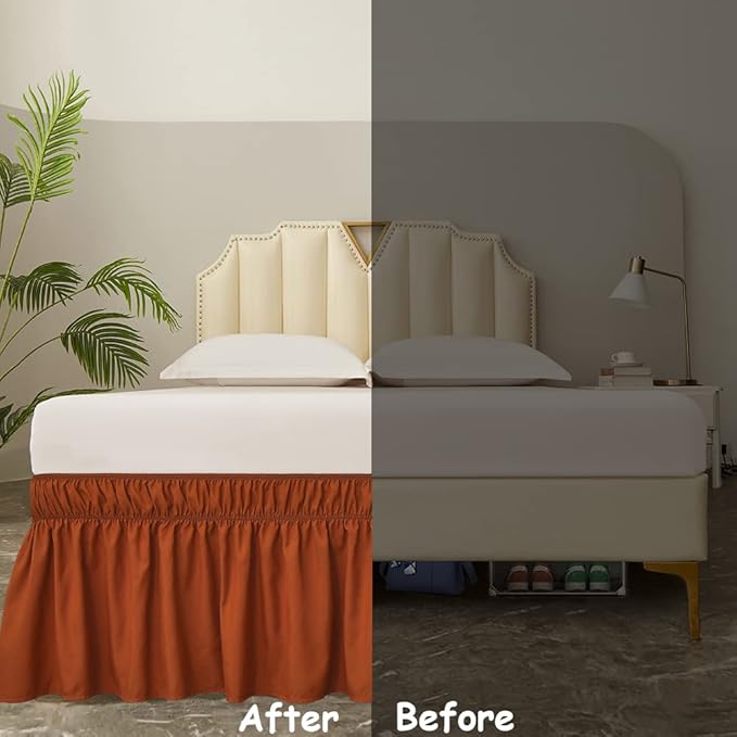 MEILA Wrap Around Bed Skirt Three Fabric Sides Elastic Dust Ruffled 14 Inch Tailored Drop,Easy to Install Fade Resistant-Caramel, Twin/Full