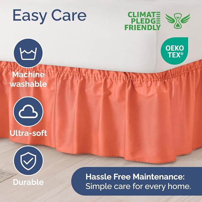 Wrap Around Dust Ruffle Bed Skirt - Coral - for Queen Size Beds with 21 Inch Drop - Easy Fit Elastic Strap - Adjustable Pleated Bedskirt w/Brushed Fabric - Wrinkle Free - for Women, Men, Kids & Teens