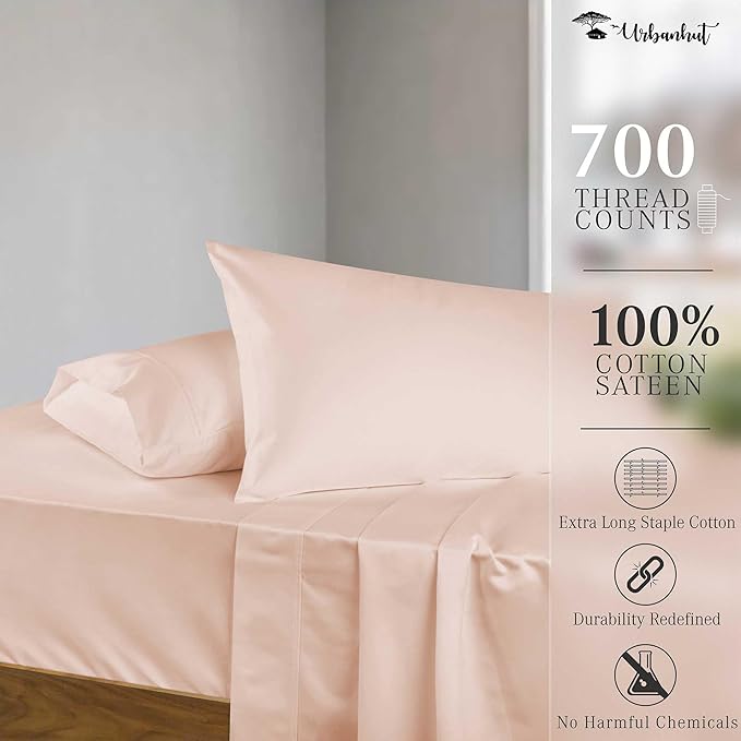 URBANHUT Egyptian Cotton Twin Sheets, 4Pc Set - Soft Luxury Sateen Weave Hotel Sheets, 14'' Deep Pocket - Blush