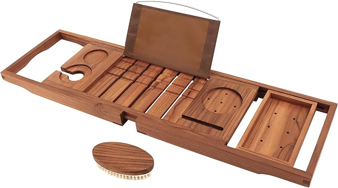 VaeFae Premium Teak Bathtub Tray, Expandable Wooden Bath Tray for Tub, Luxury Bathtub & Bathroom Accessories, Great House Warming, Anniversary & Wedding and Birthday Gifts (Free Teak Body Brush)