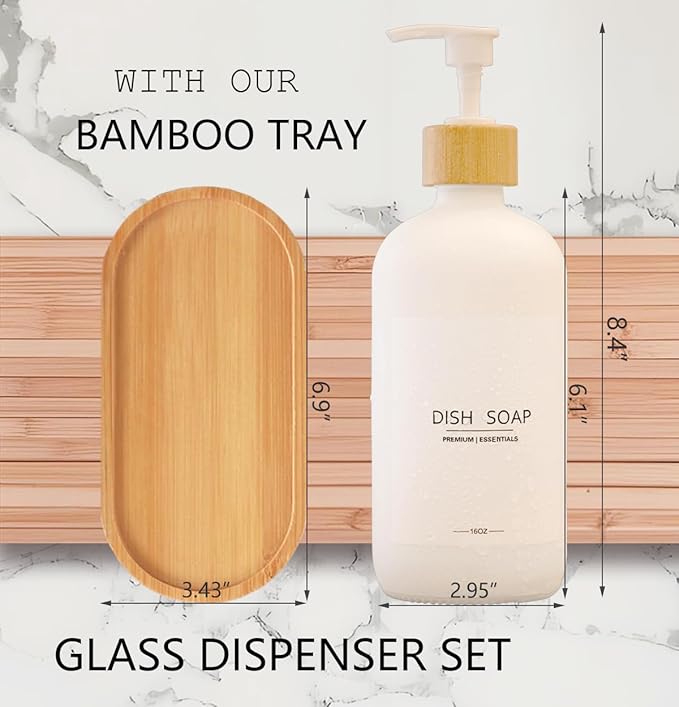 Luxury Glass Soap Dispenser Set - 2 Refillable 16.9oz Bottles, Bamboo Pump & Tray for Farmhouse & Modern Decor, 9 Waterproof Labels for Kitchen/Bathroom (White Bottle+White Bamboo Pumps+Tray)