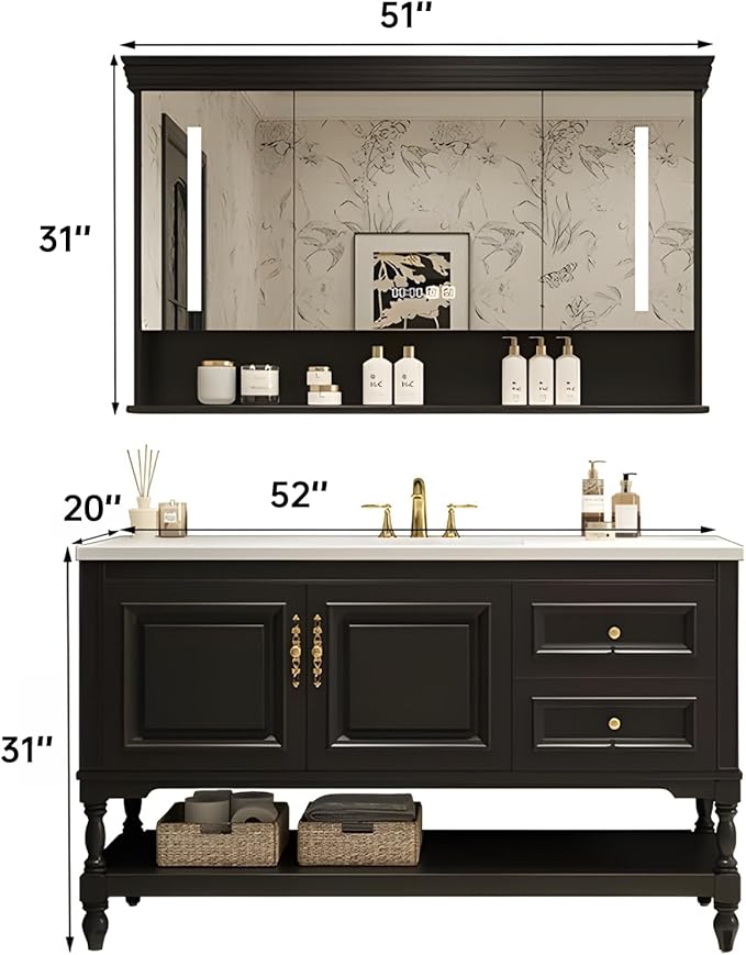 52" Bathroom Vanity with Sink,Freestanding Bathroom Vanity Large Storage Cabinet & Open Mirror Cabinet,2 Soft Closing Doors and 2 Drawers Solid Wood Luxury Bathroom Vanities Set,Black