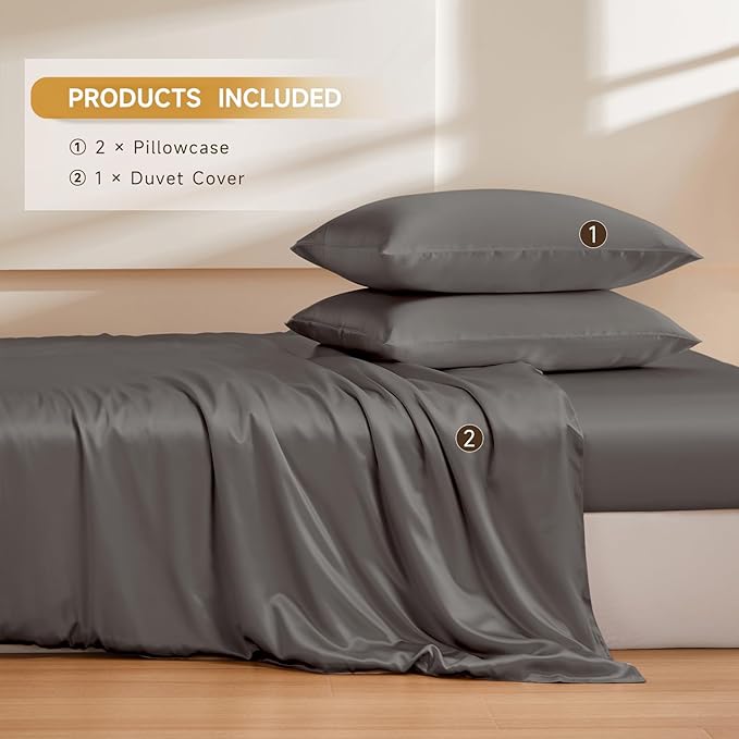 THXSILK 100% Pure Mulberry Silk Duvet Cover Set 3 Piece, 6A+ Grade Luxury Soft Bedding Silk Sheets for Hair and Skin, 1 Pcs Duvet/Quilt/Comforter Cover with 2 Zippered Pillowcases (Charcoal, Full)