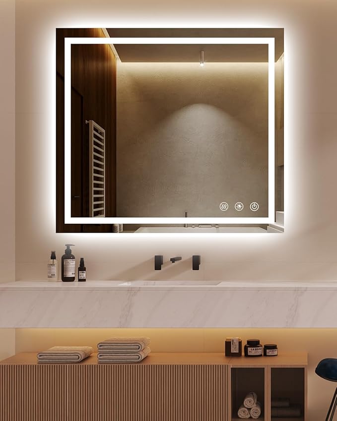 oneup 40''x36'' LED Bathroom Mirror with Lights,Front Lighted Bathroom Mirrors for Wall,Anti-Fog Vanity Mirror,Touch Button and Memory Function,Dimmable 3-Color Lights (Horizontal/Vertical)