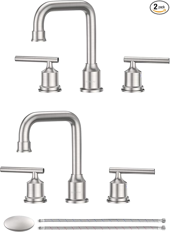 WOWOW Brushed Nickel Bathroom Faucet: Widespread Bathroom Sink Faucet Set 3 Hole with Pop-up Drain and Supply Lines, 8 Inch Vanity Faucet 3 Pieces Basin Tap 2 Handle Modern (2 Pack)