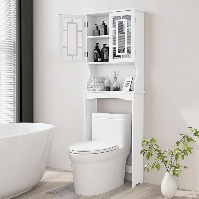 BestComfort Over The Toilet Storage Cabinet, Home Bathroom Space Saver Organizer Above Toilet, Double Doors and Adjustable Shelf, Wooden Freestanding Toilet Storage Rack Unit, 67 in H (White)
