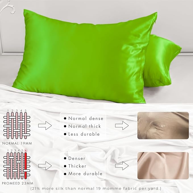 PROMEED 23 Momme Silk Pillowcase for Hair and Skin, Both Sides Upgraded Grade 6A+ Mulberry Silk Pillow Case with Zipper, Cooling Pillow Cases for Hot Sleepers (Queen 20"x30", Green)