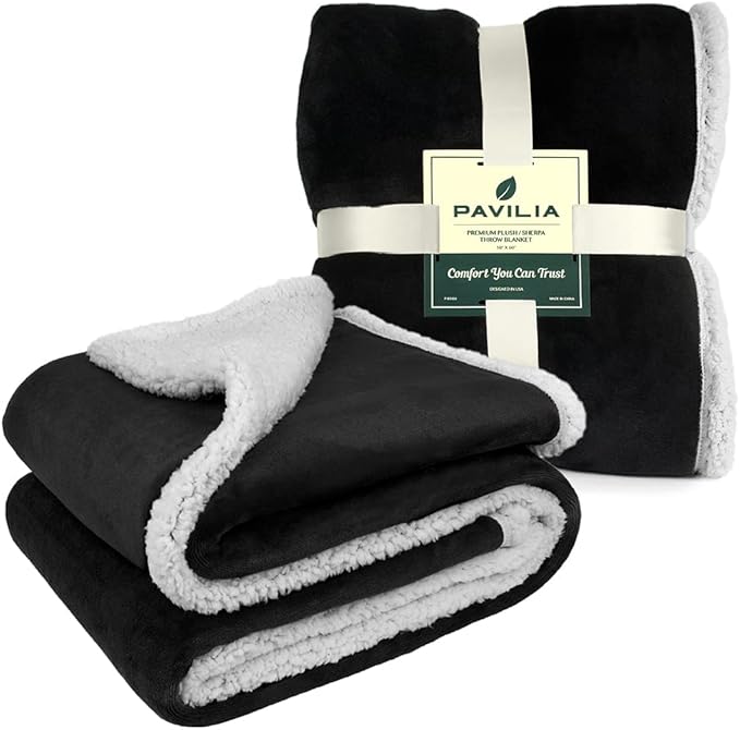 PAVILIA Sherpa Fleece Throw Blanket for Couch, Black, Plush Soft Fuzzy Sofa Blanket, Cozy Reversible Winter Throw for Women Men, 50x60 Inches