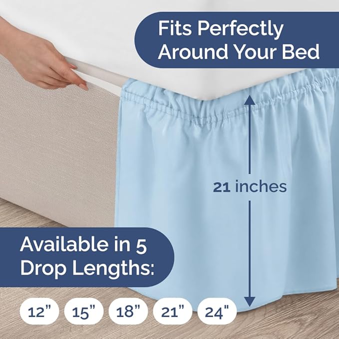 Wrap Around Dust Ruffle Bed Skirt - Light Blue - for Full Size Beds with 21 Inch Drop - Elastic Strap - Adjustable Pleated Bedskirt with Brushed Fabric and Wrinkle Free - for Women, Men, Kids & Teens