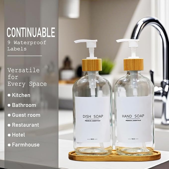 Luxury Glass Soap Dispenser Set - 2 Refillable 16.9oz Bottles, Bamboo Pump & Tray for Farmhouse & Modern Decor, 9 Waterproof Labels for Kitchen/Bathroom (Clear Bottle+White Bamboo Pumps+Tray)