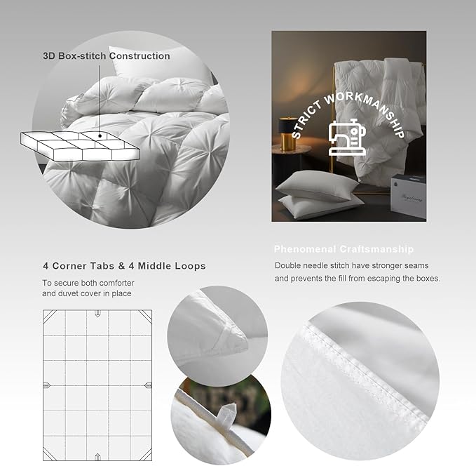 Royoliving Premium Pinch Pleat Feathers Down Comforter King Size White 100% Cotton Cover All Season Duvet Insert with Corner Tabs (106x90, 70 oz)