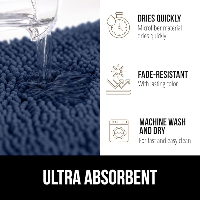 GORILLA GRIP Bathroom Rug Sets 3 Piece, Bath Mat Set and Oval Toilet Base with Rubber Backing, Plush Absorbent Shaggy Chenille Washable Mats, Includes 24x19.5, 24x17 and 36x24 Inch Rugs, Navy