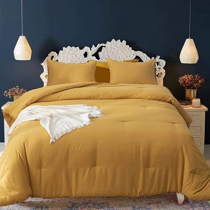 Cottonight Mustard Yellow California King Comforter Sets Dark Yellow Bedding Comforter Set Ginger Blanket Quilts Cozy Breathable Blanket Quilts Bedding Set Cal King Bed