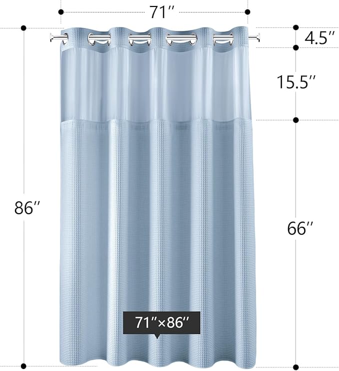 River Dream Misty Blue Fabric Shower Curtain Set, Cotton Blend, Waffle Weave, with Snap in Replacement Liner，71 x 86 inches