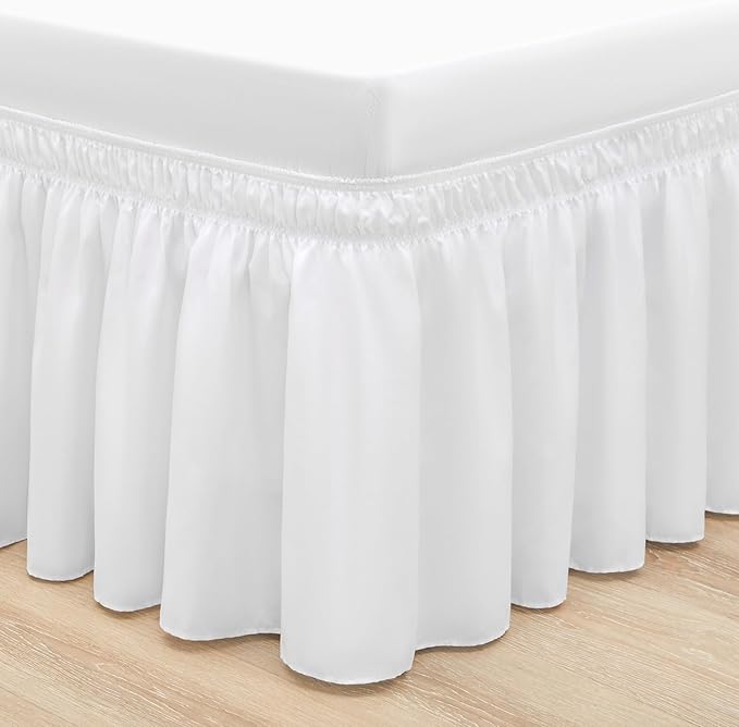 RIMELA White Bed Skirt Twin Size 12 Inch Drop, Elastic Bed Skirting for Bed Base and Frame, Bedding Dust Ruffle Easy to Install, Lightweight Wrap Around Adjustable Bedskirt