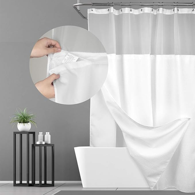 N&Y HOME Extra Long Waffle Weave Shower Curtain 96 Inch Length with Snap-in Fabric Liner & Metal Hooks Set - Hotel Style, Waterproof & Washable, Heavyweight Fabric & Mesh Top Window - 71"Wx96"L, White