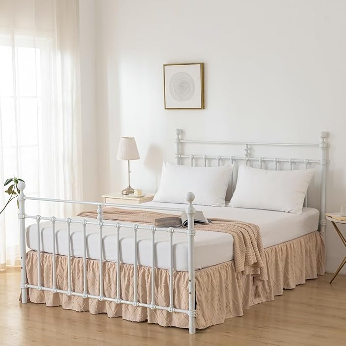 Bed Skirt Queen Size Ruffled Bed Skirt with Split Corners, 16 Inch Drop Dust Ruffle Bed Skirts with Platform, Boho Tufted Shabby Chic Queen Size Bed Skirts, Cream