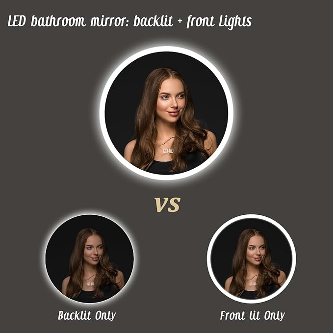 APRILSOUL 24 Inch Round LED Bathroom Vanity Mirror with Front and Backlit, Led Mirror with Anti-Fog, 3 Colors and Dimmable Light