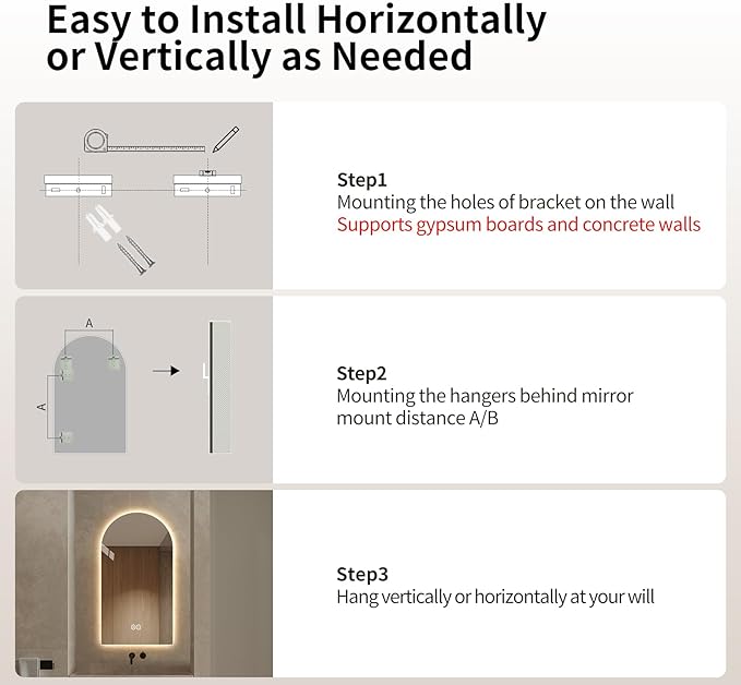 Arched Shaped LED Bathroom Mirror with dimming Lighting, 24V, 3 Color temperatures, defogger, 5MM Silver Glass (48" L x 30" W)