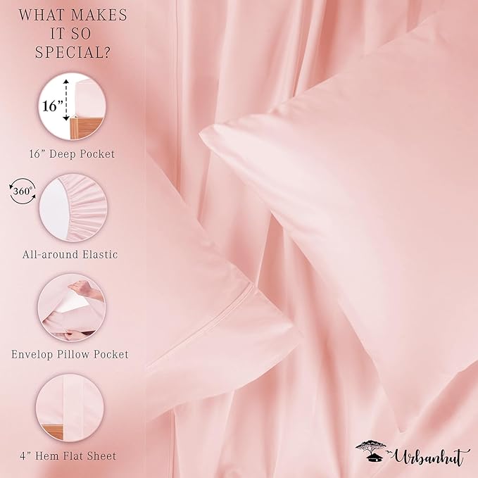 URBANHUT 700 Thread Count King Size Egyptian Cotton Sheets, 4Pc Sheet Set Soft Luxury Bed Sheets for King Size Bed, Sateen Weave Hotel Sheets, 16'' Elasticized Deep Pocket - Blush Pink