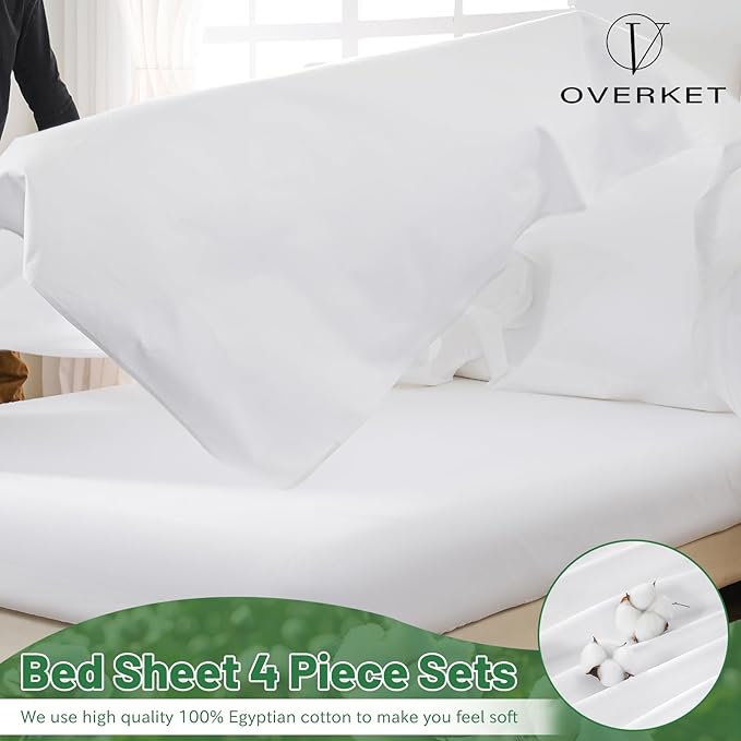 100% Egyptian Cotton Sheets King Size 1000 Thread Count Sateen Weave Soft Breathable 16-Inch Deep Pocket 4PCS（King,White）