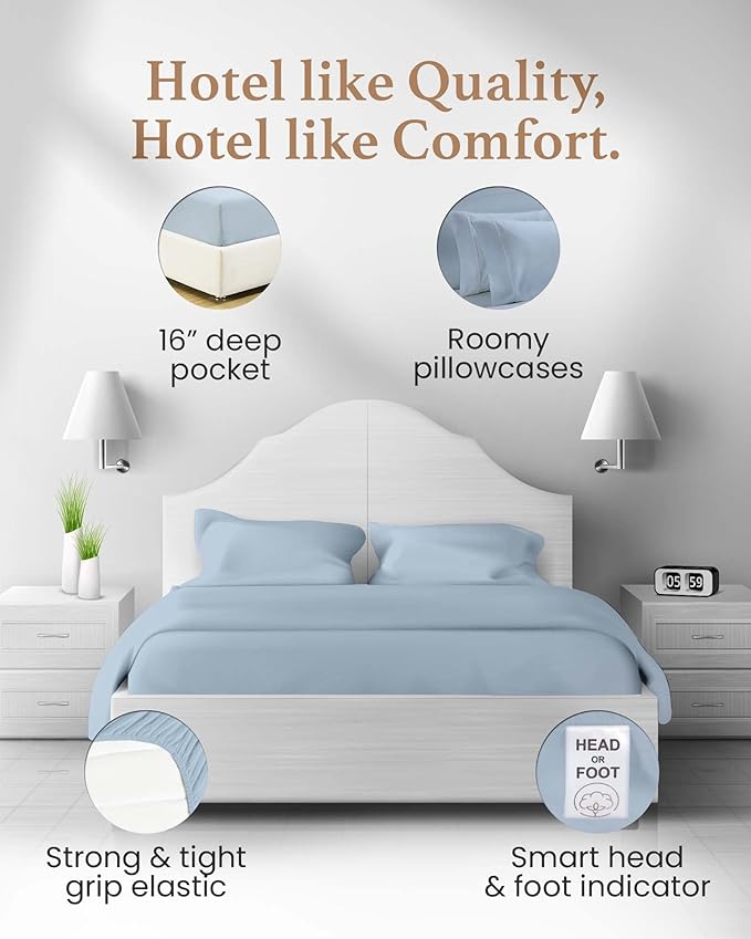1000 Thread Count Egyptian Cotton Sheets Twin XL Size, 4 Pc Luxury Sheets Set, Long Staple 100% Cotton Sheets for Twin XL Size Bed, 18" Deep Pocket Hotel Style Sheets, Sateen Sheet Twin XL, Light Blue