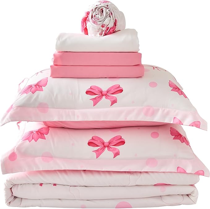 Wajade 7 Piece Pink Bow Bedding Set for Girls Kids Full Size Comforter Set with Sheet and 2 Pillowcases 2 Pillow Shams Cute Girls Bed in a Bag as Birthday Choice