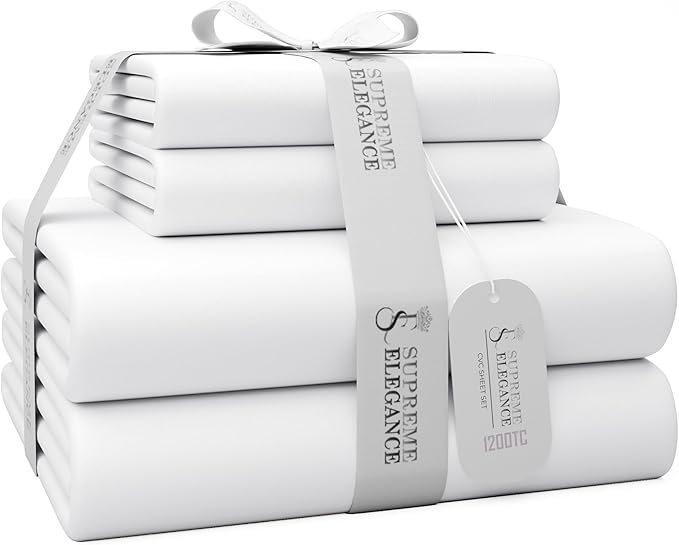 SUPREME ELEGANCE 1200 Thread Count King White Sheet Set, Hotel Luxury Cotton Rich Ultra Soft Sateen Sheets, Easy Care Bed Sheet Set with Deep Pocket (1 Flat Sheet, 1 Fitted Sheet & 2 Pillowcases)