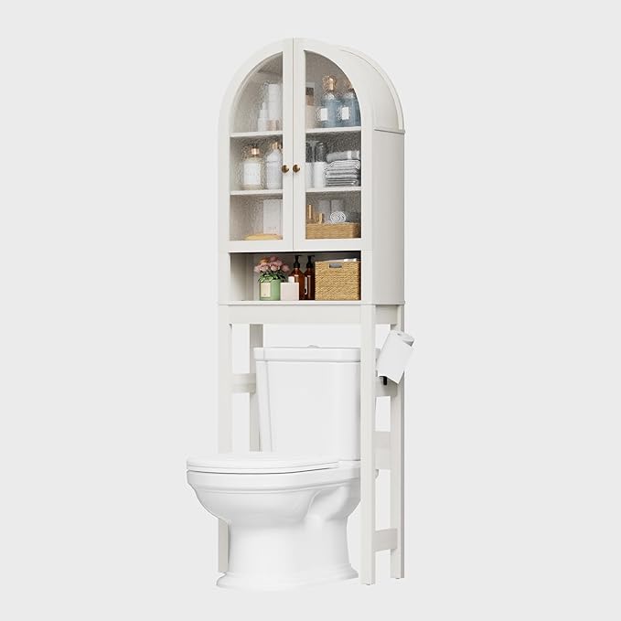 Over The Toilet Storage Cabinet, 23.7”W Modern Storage Cabinet Over Toilet with Acrylic Doors, Arched Freestanding Over Toilet Rack with Adjustable Shelf for Bathroom, Antique White