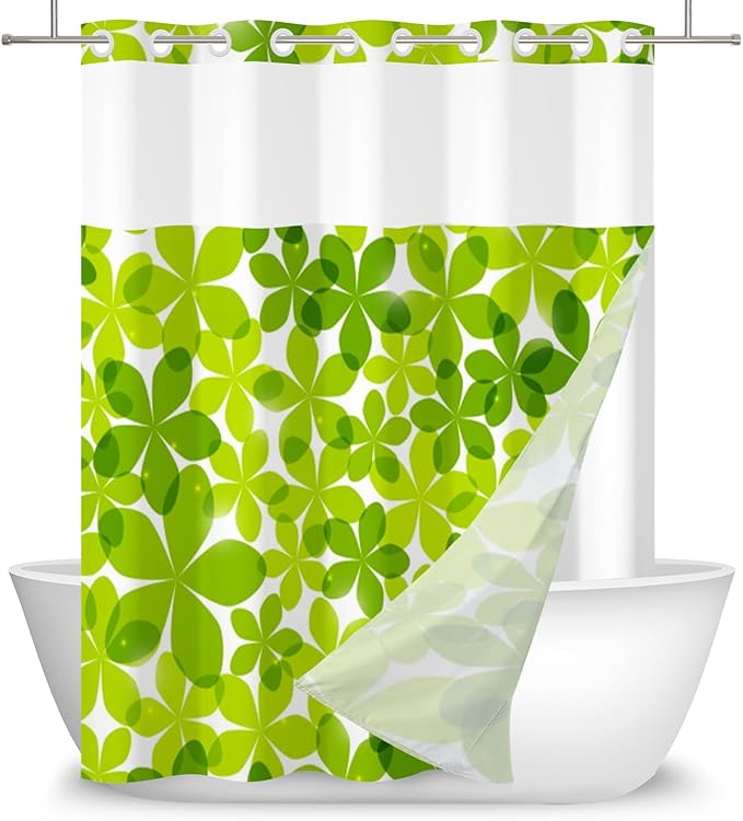 Green Flower Shower Curtain No Hooks with Snap-in Fabric Liner Set,Spring Leaves Shower Curtain for Bathroom,Hotel Decor Waterproof Shower Curtains,with See Through Top Window,71W x 74H