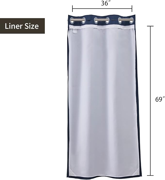 River Dream 36" W Stall Waffle No Hook Shower Curtain with Snap-in Liner,Cotton Blend Fabric Shower Curtain for Bathroom, Navy Blue,36Wx74L