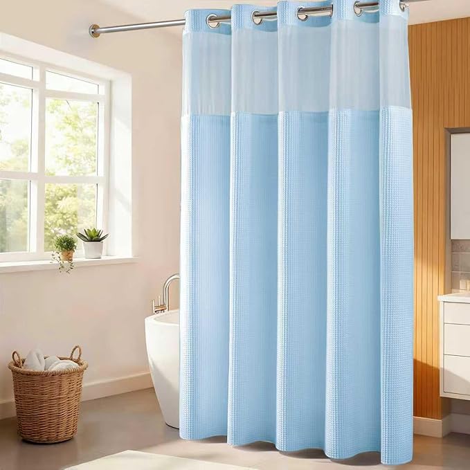 River Dream Sky Blue Fabric Shower Curtain Set, Cotton Blend, Waffle Weave, with Snap in Replacement Liner，71 x 86 inches