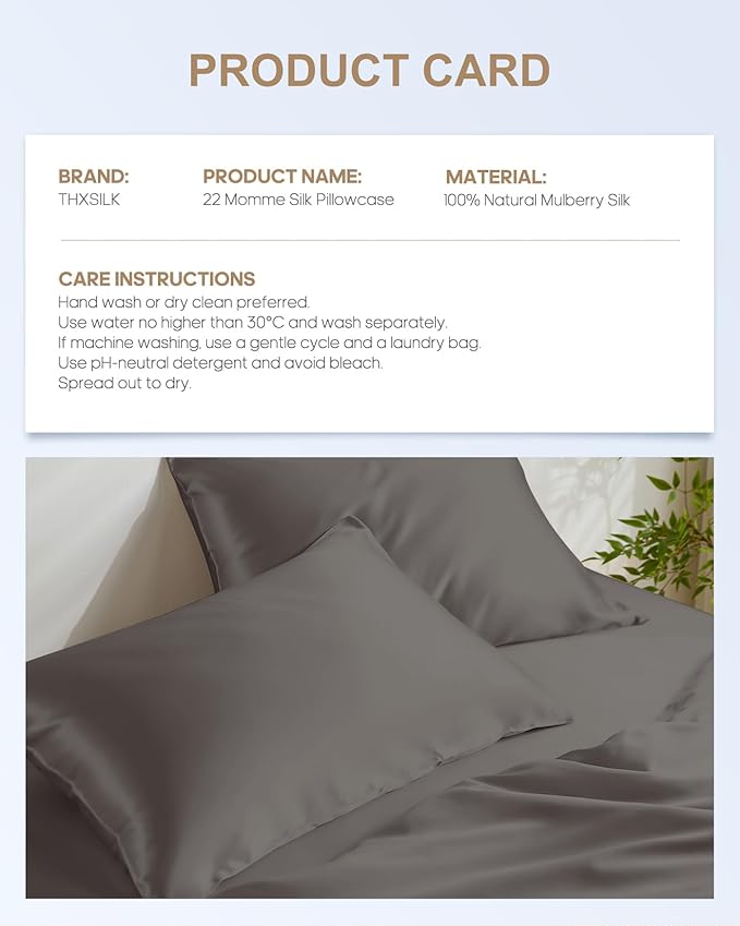 THXSILK Set of 2 Silk Pillowcases - 100% Pure Mulberry Silk - 22 Momme 6A+ High-Grade Fibers - Silk Pillowcases for Hair & Skin - King Size Pillow Case with Hidden Zipper - Dark Grey