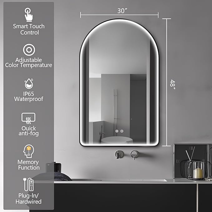 Niccy Arched LED Bathroom Mirror, 48"x30" Black Framed Arch Wall Lighted Mirrors, Arching Frontlit Vanity-Mirror with Memory Function for Bathroom Bedroom, Defogger and 3 Color, Explosion-Proof
