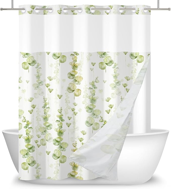 Green Leaves Shower Curtain No Hooks with Snap-in Fabric Liner Set,Spring Plant Vine Shower Curtain for Bathroom,Hotel Decor Waterproof Shower Curtains,with See Through Top Window,71W x 74H